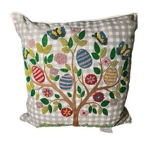 Lacourte 20″ x 20″ Easter Egg Tree Beaded Decorative Pillow, Green Gingham Print